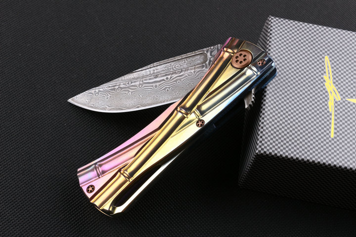 Microtech Choi bamboo Titanium handle American Damascus knife UD402378